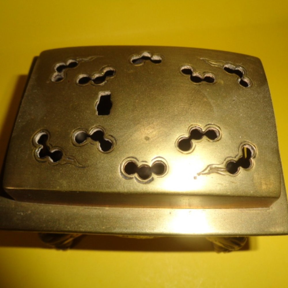 Antique Solid Brass Incense Burner, Asian Design, 4" Long - Picture 4 of 6